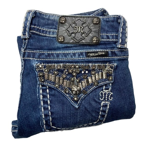 Miss Me Denim - Miss Me Gunmetal Gray Silver Bling Boot Jeans Crystals JP4656-6 Womens 28